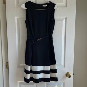 Calvin Klein Black and White Striped Midi Dress
